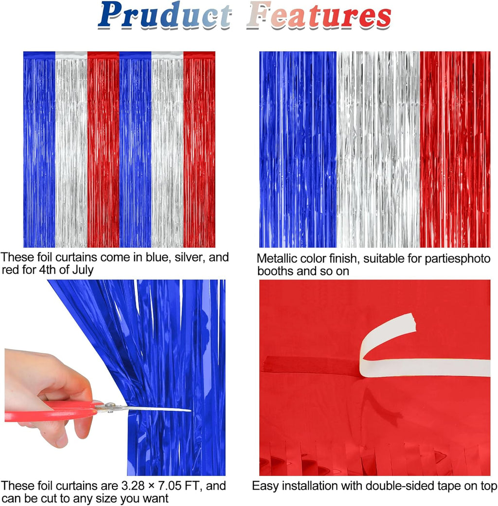 4 Pack 4th of July Decorations, 3.28 FT x 7.05 FT Independence Photo Backdrop, Metallic Blue Silver Red Backdrop Curtains Fringe Curtains Party Streamer, Patriotic Decor Fourth of July Party Supplies