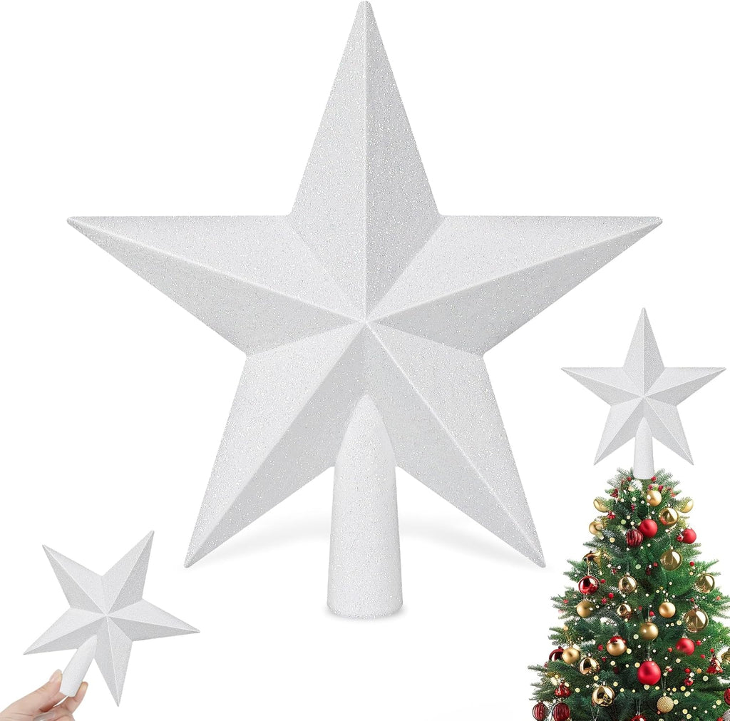 Star Tree Topper, 8" White Christmas Tee Topper Decorations, Glitter 3D Xmas Bethlehem Star Waterproof Shatter-Proof, Christmas Tree Topper Ornament Decor for Christmas Holiday Party Indoor Outdoor