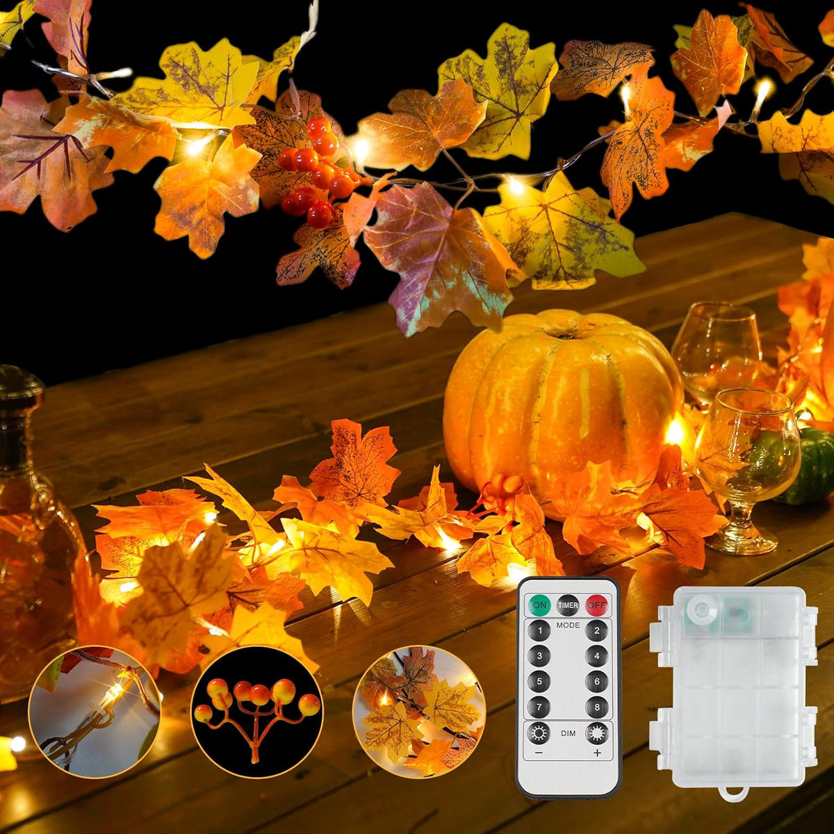 suddus Fall Leaves Garland with Lights, 20LED Battery Operated Fall Lights with Timer, Fall Decoration for Home, Table, Mantle, Office, Outdoor, Autumn, Halloween, Yellow