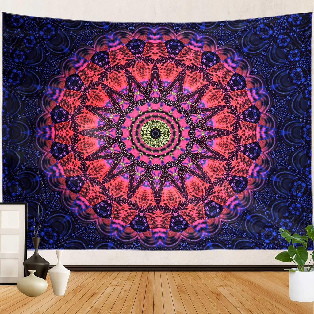 ADDWel Blacklight Mandala Boho Tapestry Glow In The Dark, Black Light Bohemian Hippie Poster Wall Hanging for Bedroom Aesthetic Wall and Room Decor (50" x 60", Mandala)