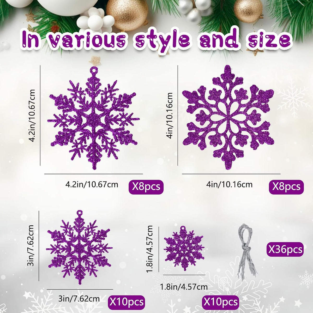 36pcs Christmas Deep Purple Snowflake Ornaments，Plastic Dark Purple Snow Flakes Hanging Ornaments for Christmas Tree Decor Winter Wonderland Frozen Birthday Party Holiday Home Decor Craft Snowflakes