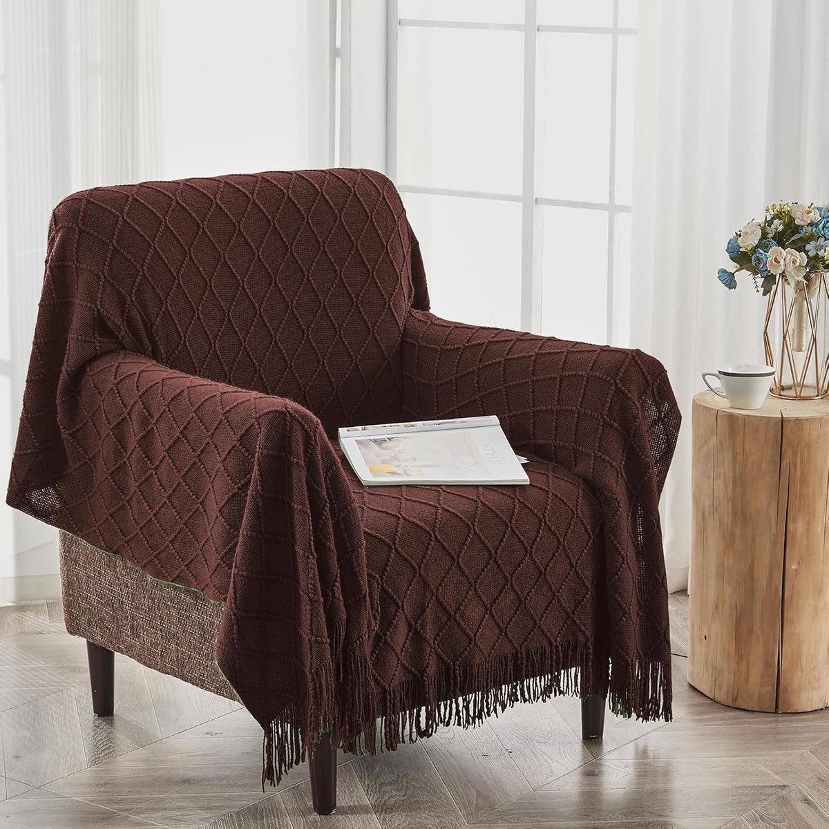 inhand Knitted Throw Blankets for Couch and Bed, Soft Cozy Knit Blanket with Tassel, Diamond Brown Lightweight Decorative Blankets and Throws, Farmhouse Warm Woven Blanket for Men and Women, 50"x60"