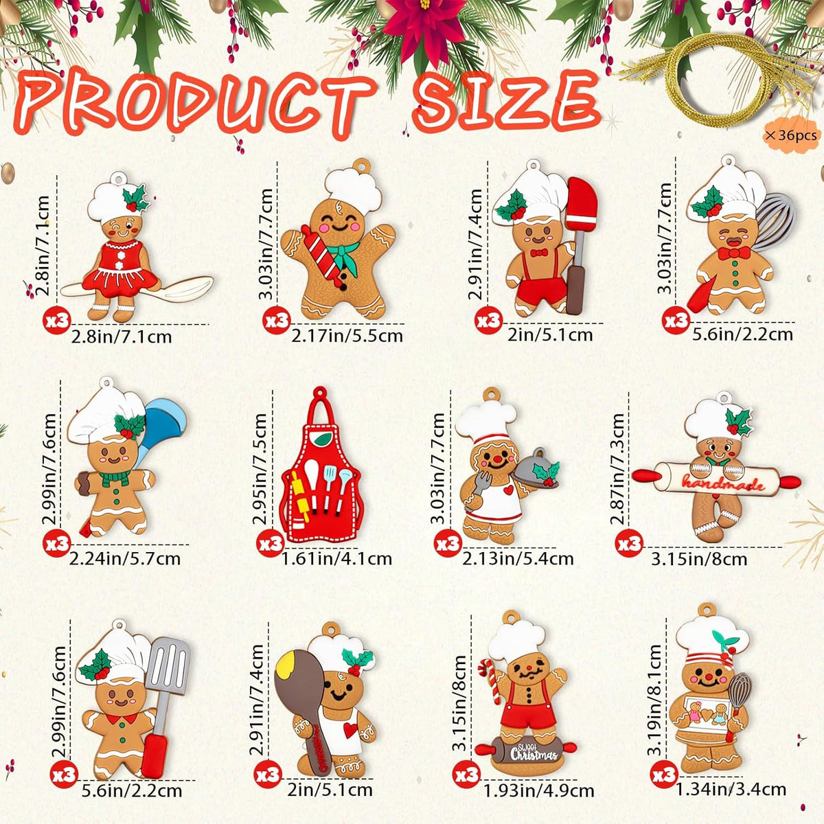 36pcs Gingerbread Christmas Decoration for Tree - Cooking Gingerbread Man Ornaments Christmas Hanging Decor for Christmas Tree Home Kitchen Decor Party Supplies