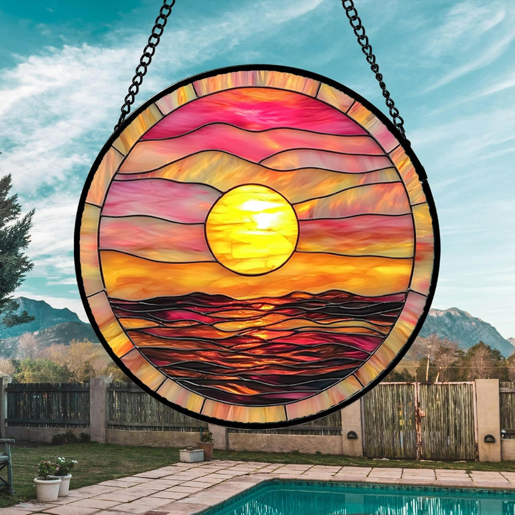 Stained Glass Window Hanging, Sunrise Sea Surface Sun Catchers Diamond Glass Panel Hangings Abstract Suncatcher Decor for Birthday for Women, Men, Wife, Aunt, and Mom 14.9 in