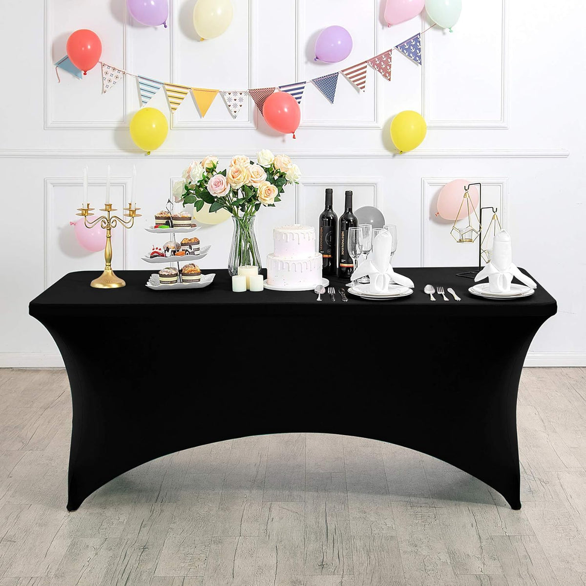 Spandex Table Cover for 6Ft or 4fT or 8ft Table Universal Fitted Stretch Tablecloth for Party, Banquet, Wedding and Events-Black