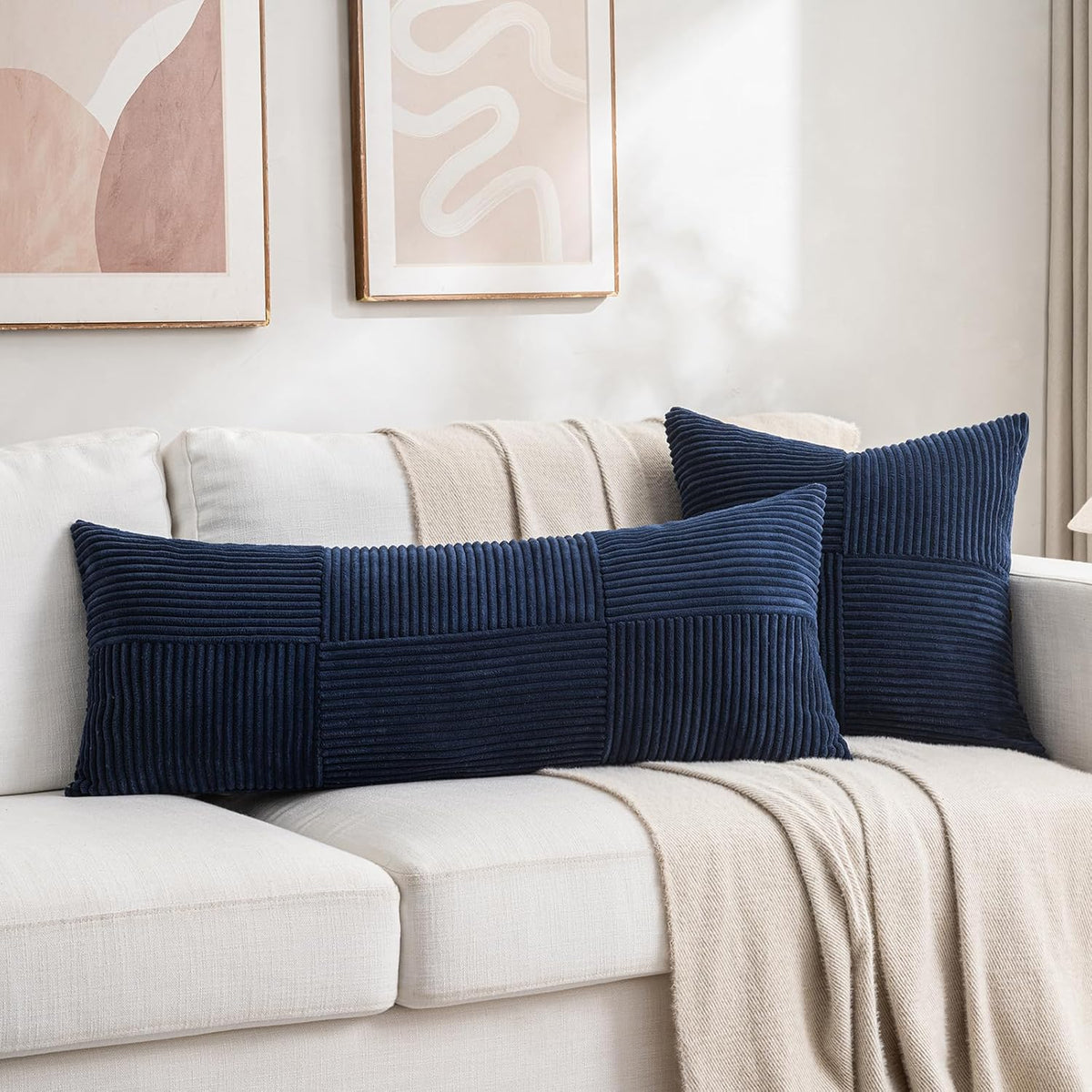 Fancy Homi 2 Packs Navy Blue Decorative Throw Pillow Covers 20x20 Inch for Living Room Couch Bed Sofa, Rustic Farmhouse Boho Home Decor, Soft Corss Corduroy Patchwork Accent Cushion Case 50x50 cm