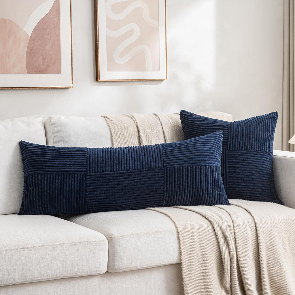 Fancy Homi Set of 2 Navy Blue Boho Long Lumbar Body Decorative Throw Pillow Cover 14x36 Inch for Bed Couch Bedroom Bench, Soft Patchwork Corduroy Textured Pillow Case, Rustic Farmhouse Room Décor