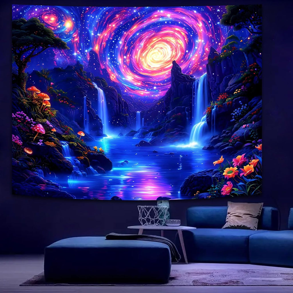Manicer Blacklight Galaxy Waterfall Neon Tapestry – UV Reactive Glowing Cosmic Spiral Sky Glow in the Dark Nature Fantasy Landscape Wall Art for Bedroom – 51.2" x 59.1"