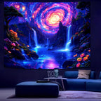 Manicer Blacklight Galaxy Waterfall Neon Tapestry – UV Reactive Glowing Cosmic Spiral Sky Glow in the Dark Nature Fantasy Landscape Wall Art for Bedroom – 51.2" x 59.1"