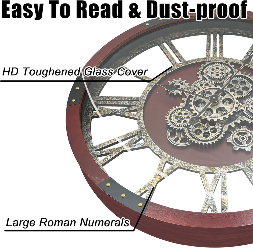 DORBOKER 30" Original Moving Gears Wall Clock, Large Industrial Wall Clock for Living Room Decor, Retro Wood Vintage Farmhouse Steampunk Rustic Clocks for Wall Decor,Red Walnut Wood