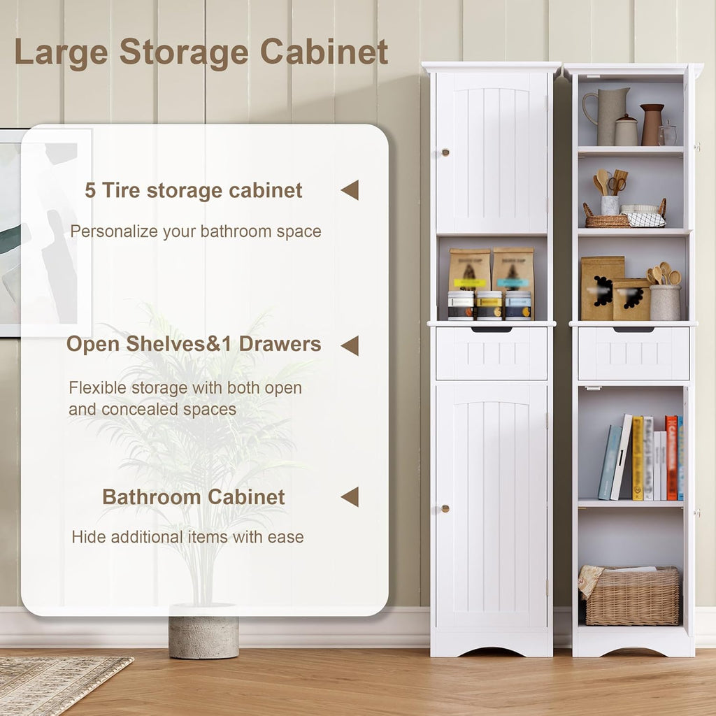 ChooChoo 67" Tall Bathroom Storage Cabinet Freestanding with Adjustable Shelves, Narrow Storage Linen Cabinet with 2 Doors and 1 Drawers for Bathroom, Living Room, Kitchen, White