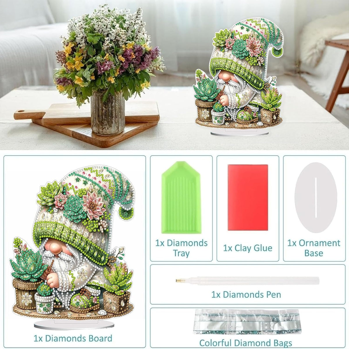 Diamond Painting Kits for Adults Beginners, 5D Full Drill Dwarf Succulents Crystal Art Desktop Ornament, DIY Single Sided Home Office Desk Decor, Creative Craft Gift Set with Tools