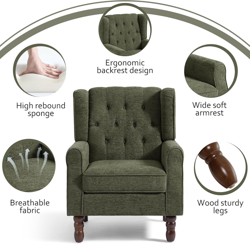 Lumibee High Back Accent Chair,Upholstered Wingback Armchair with Solid Wood Legs for Small Spaces,Comfy Single Sofa Chair for Living Room,Bedroom,Office-Green