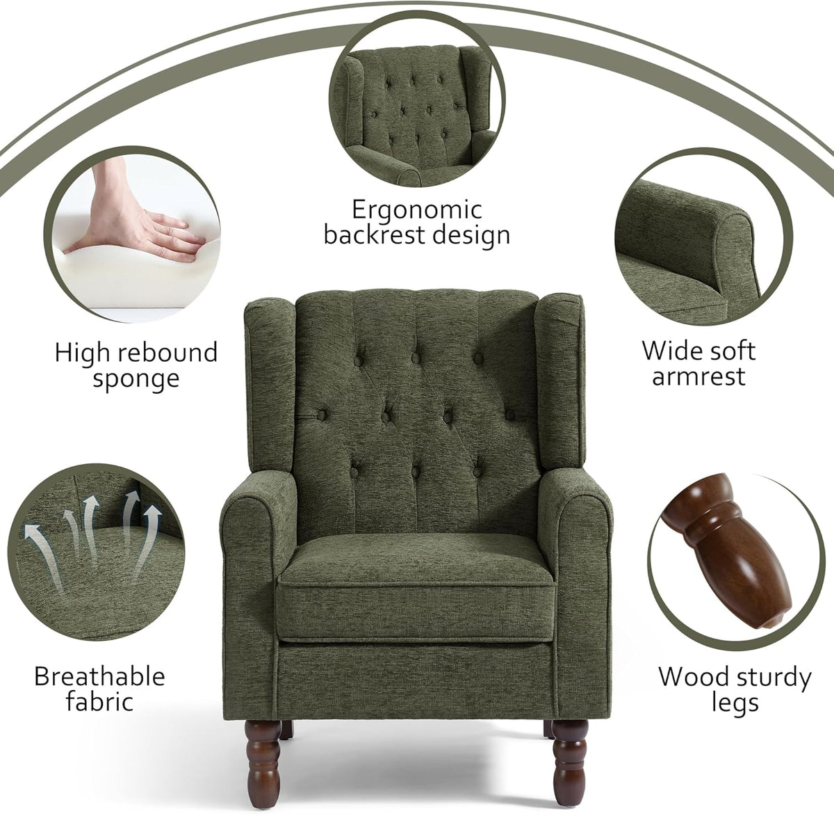 Lumibee High Back Accent Chair,Upholstered Wingback Armchair with Solid Wood Legs for Small Spaces,Comfy Single Sofa Chair for Living Room,Bedroom,Office-Green
