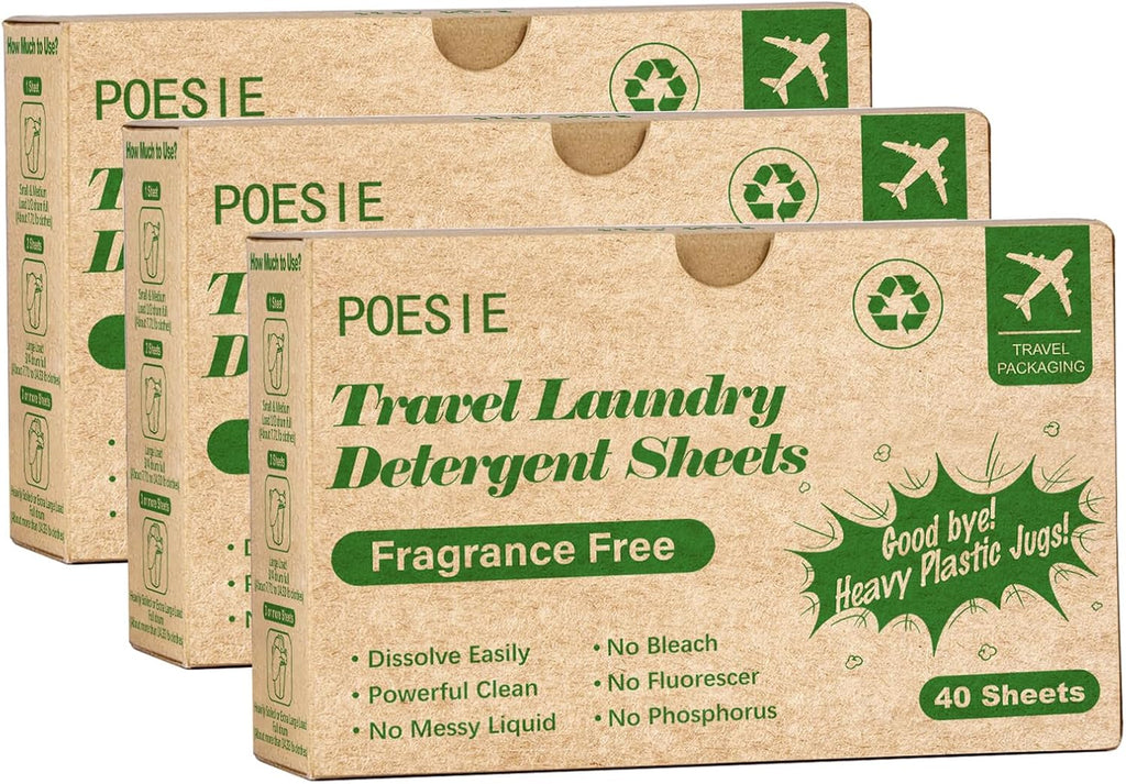 Poesie Laundry Detergent Sheets for Travel Portable Liquidless Cloth Washing Sheets Laundry Strips 3 Box per Pack Total 120 Count Fragrance Free