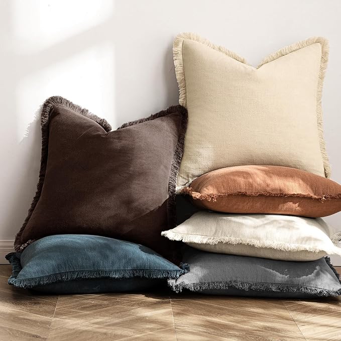 MIULEE Linen Fringe Decorative Fall Euro Pillow Covers Dark Brown 24x24 | Set - Image 6