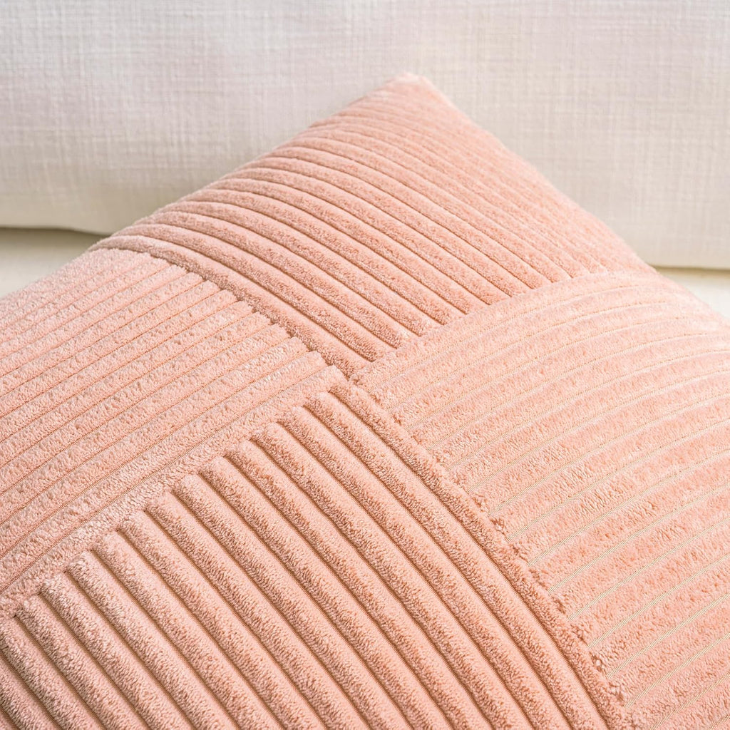 Fancy Homi 2 Packs Peach Decorative Throw Pillow Covers 22x22 Inch for Living Room Couch Bed Sofa, Rustic Farmhouse Boho Home Decor, Soft Corss Corduroy Patchwork Accent Square Cushion Case 55x55 cm