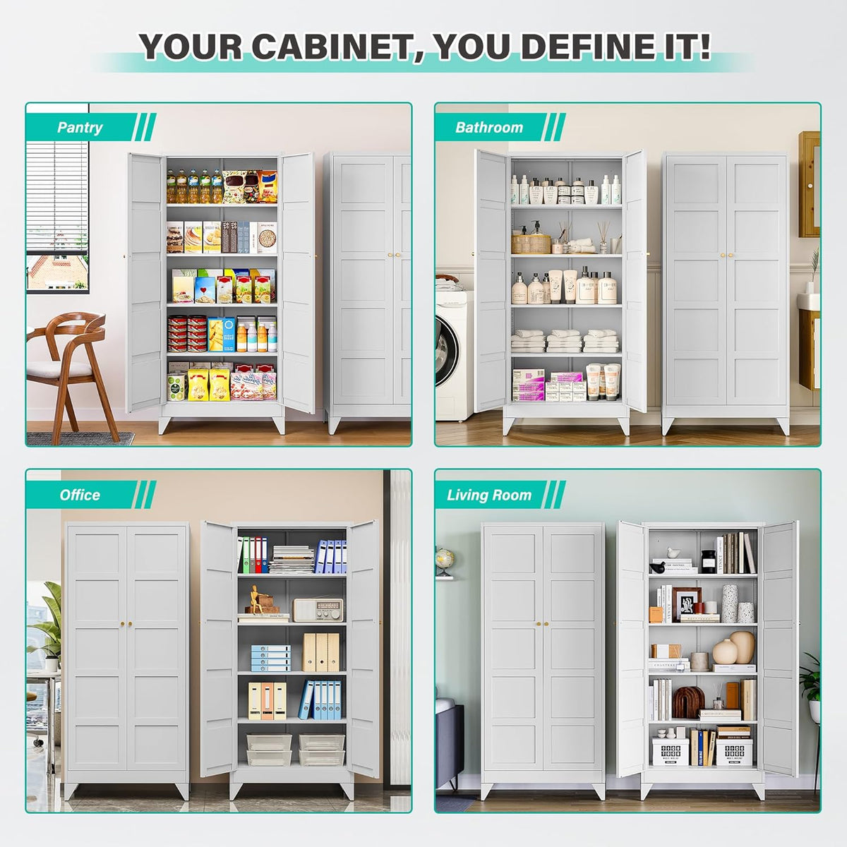 Metal Storages Cabinet with 2 Doors and 5 Shelves,Tall Storage Cabinet,Large Cupboard Closet,Pantry Storage Cabinet for Home,Office,Bathroom,Dining/Living Room (White, 71" H)