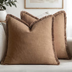 MIULEE Boho Linen Fringe Decorative Fall Throw Pillow Covers Brown 16x16 | Set by MIULEE