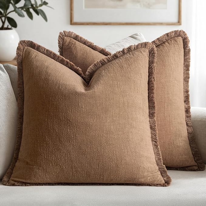 MIULEE Boho Linen Fringe Decorative Fall Throw Pillow Covers Brown 18x18 | Set by MIULEE