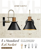 Modern Wall Sconces Set of Two, HWH Industrial Sconce Wall Lighting Indoor Wall Lamp, Gooseneck 1-Light Barn Vanity Light, Hammered Metal Shade, Black and Gold Finish, 5HZG74B-2 BK+BG