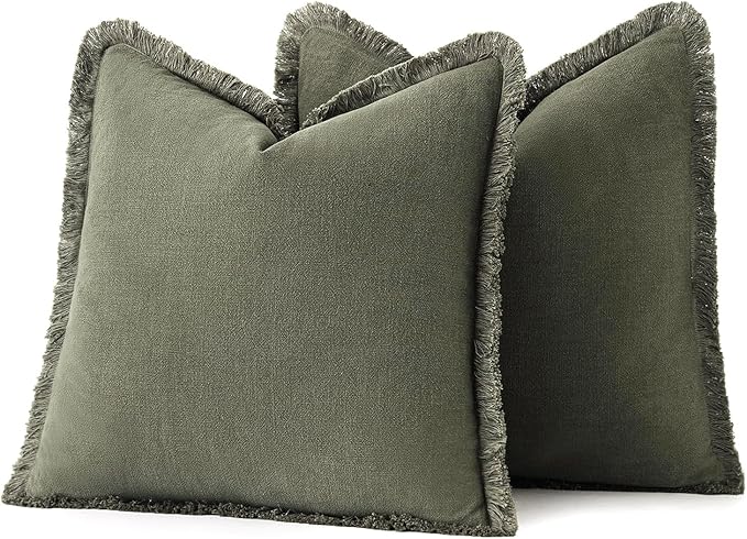 MIULEE Linen Fringe Decorative Euro Throw Pillow Covers Olive Green 26x26 | Set - Image 6