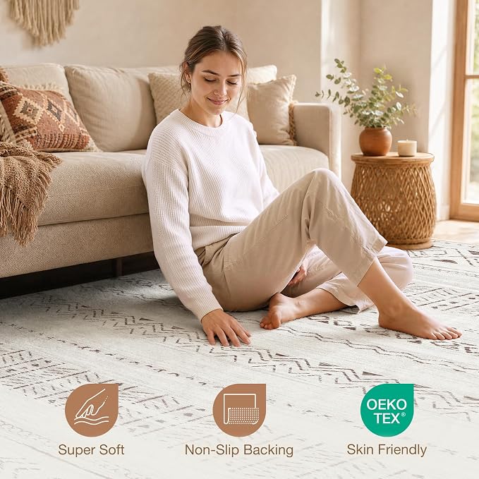 cotiled 10x10 Area Rugs Washable Boho Living Room Rug Brown/Cream | Solve - Image 3