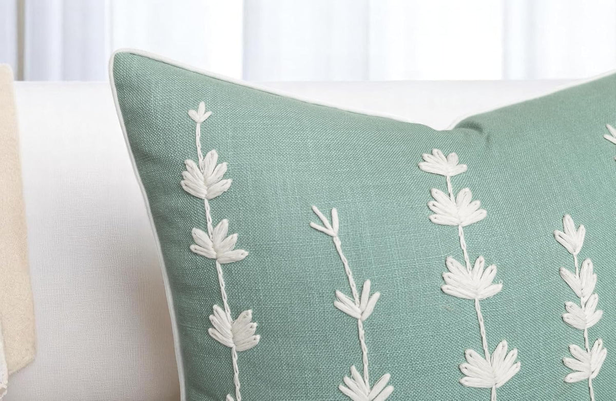 VAGMINE Hand Embroidered Daisy Accent Throw Pillow Cover - 20x20 Inches Square - 100% Cotton Light Teal Decorative Cushion Cover for Couch, Sofa, Bed - Textured Embroidery - Elegant Floral Home Décor