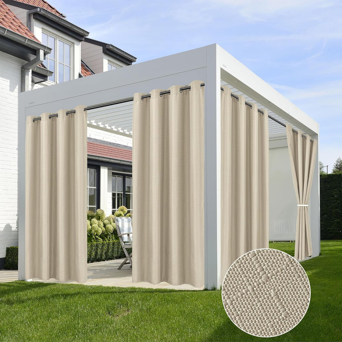 HolidayIdeas Linen Outdoor Curtains for Patio Waterproof-4 Panels Cream Outside Gazebo Curtains 54"x95"-Indoor/Outdoor Curtains Weighted Weatherproof, Privacy for Pergola, Porch, Cabana, Livingroom