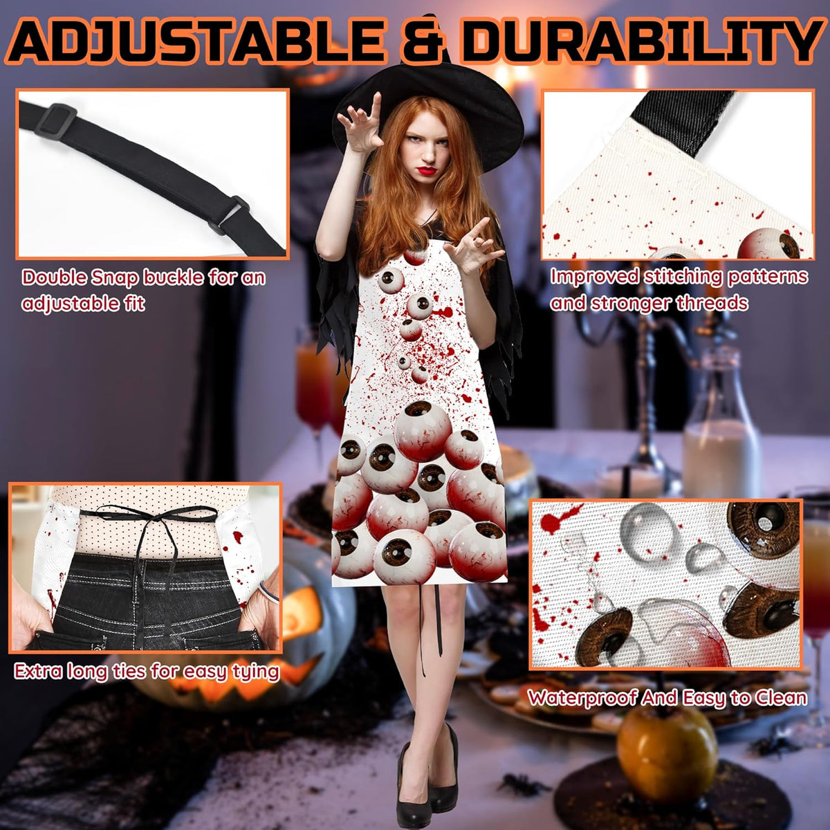 Happy Halloween Horror Apron Unisex, Adjustable Funny Kitchen Apron, Waterproof Scary Bloody Bib Aprons for Cosplay Party