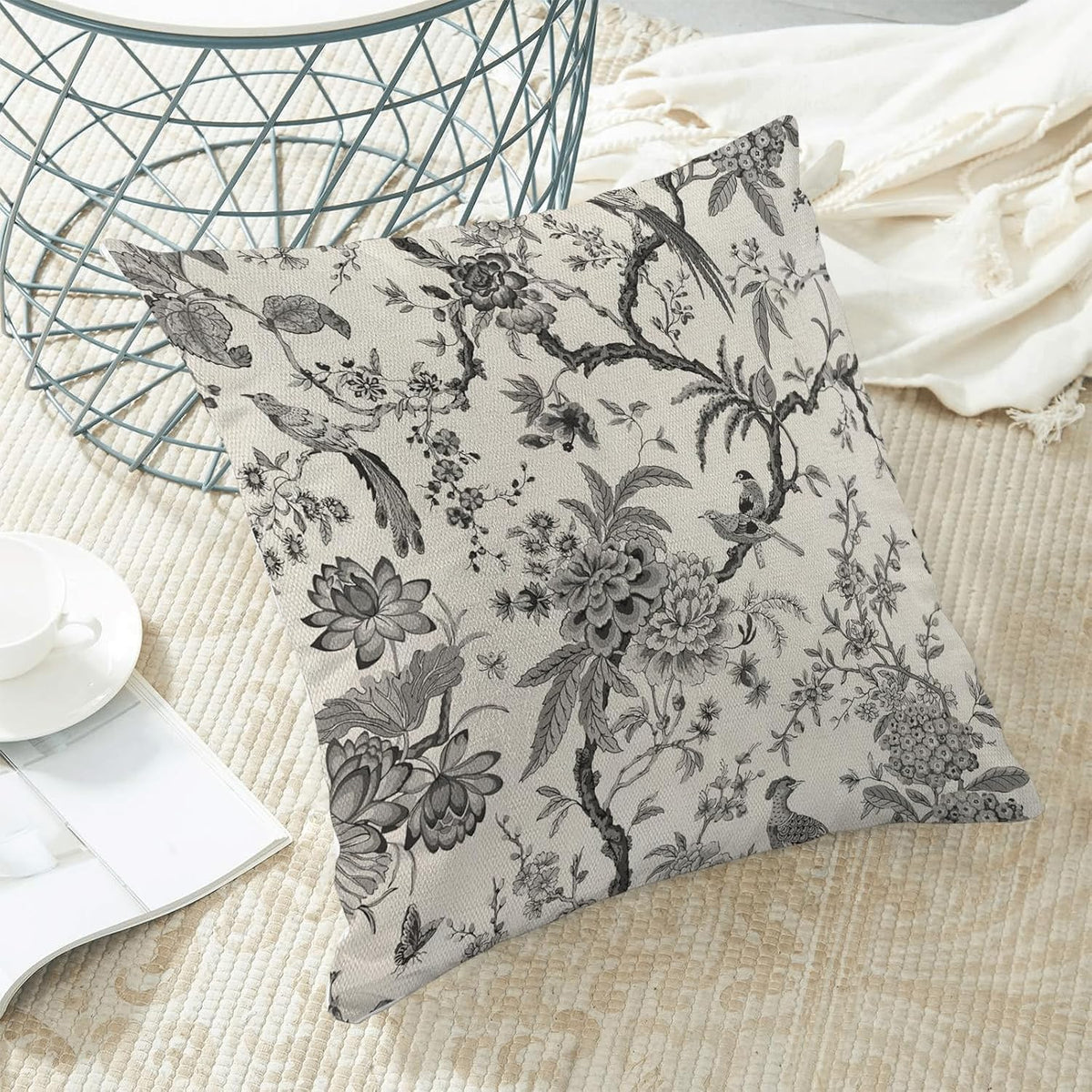 CXMEIFLY Spring Floral Birds Pillow Covers 20 x 20 Inch Set of 2 for Chinoiserie Flowers Decor Throw Pillows Black and White Plant Outdoor Decorative Cushion Cases for Couch Bed Decorations