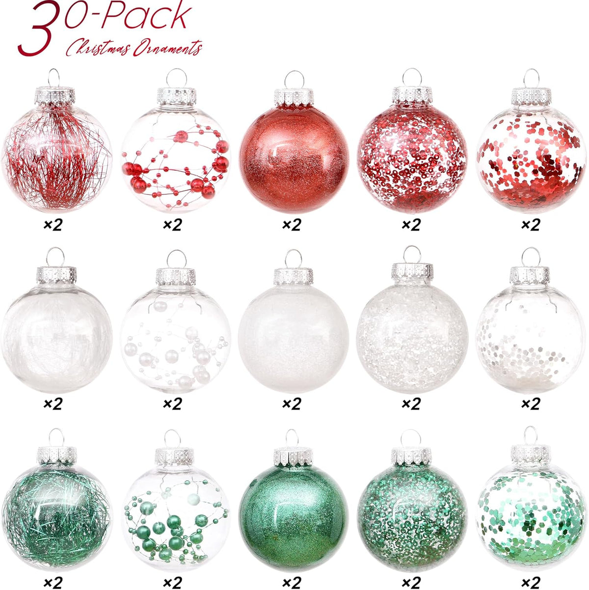 Sea Team 60mm/2.36" Shatterproof Clear Plastic Christmas Tree Ball Ornaments Set, Decorative Hanging Transparent Xmas Baubles with Stuffed Delicate Decorations (30 Counts, Elf)