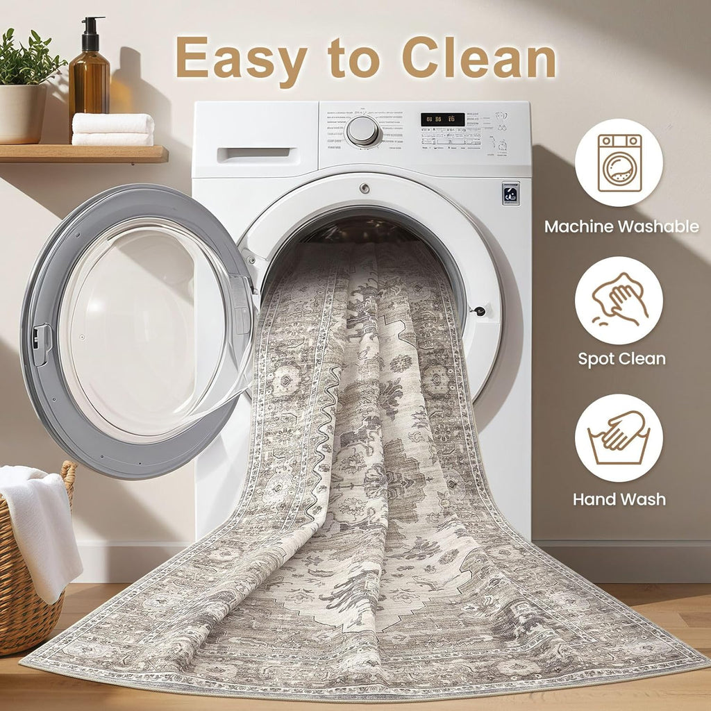 Washable Area Rugs for Living Room - 5x7 Neutral Vintage Distressed Floral Farmhouse Boho Large Soft Floor Rug Indoor Non Slip Carpet for Living Room Bedroom Dining Room Office -Brown/Beige