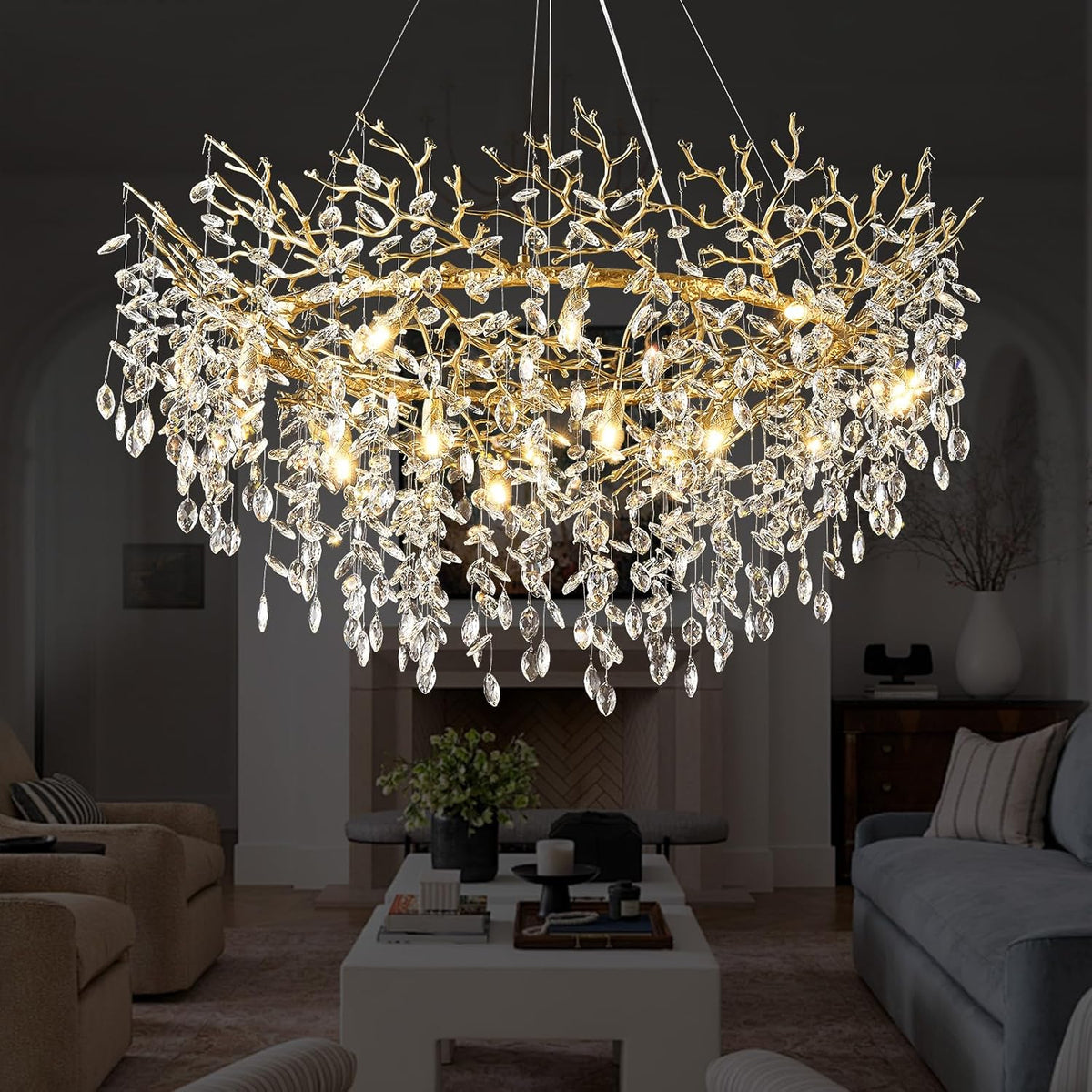 14-Light Modern Large Crystal Chandelier for Dining Room, 48" Round Gold Crystal Tree Branche Chandelier, Living Room Crystal Chandelier, Crystal Chandeliers for High Ceiling,Entryway,Foyer