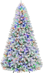 Hykolity 7.5 ft Prelit Snow Flocked Christmas Tree, Artificial Christmas Tree with 450 Color Changing LED Lights, 1446 Branch Tips, Metal Stand and Hinged Branches, 10 Colors