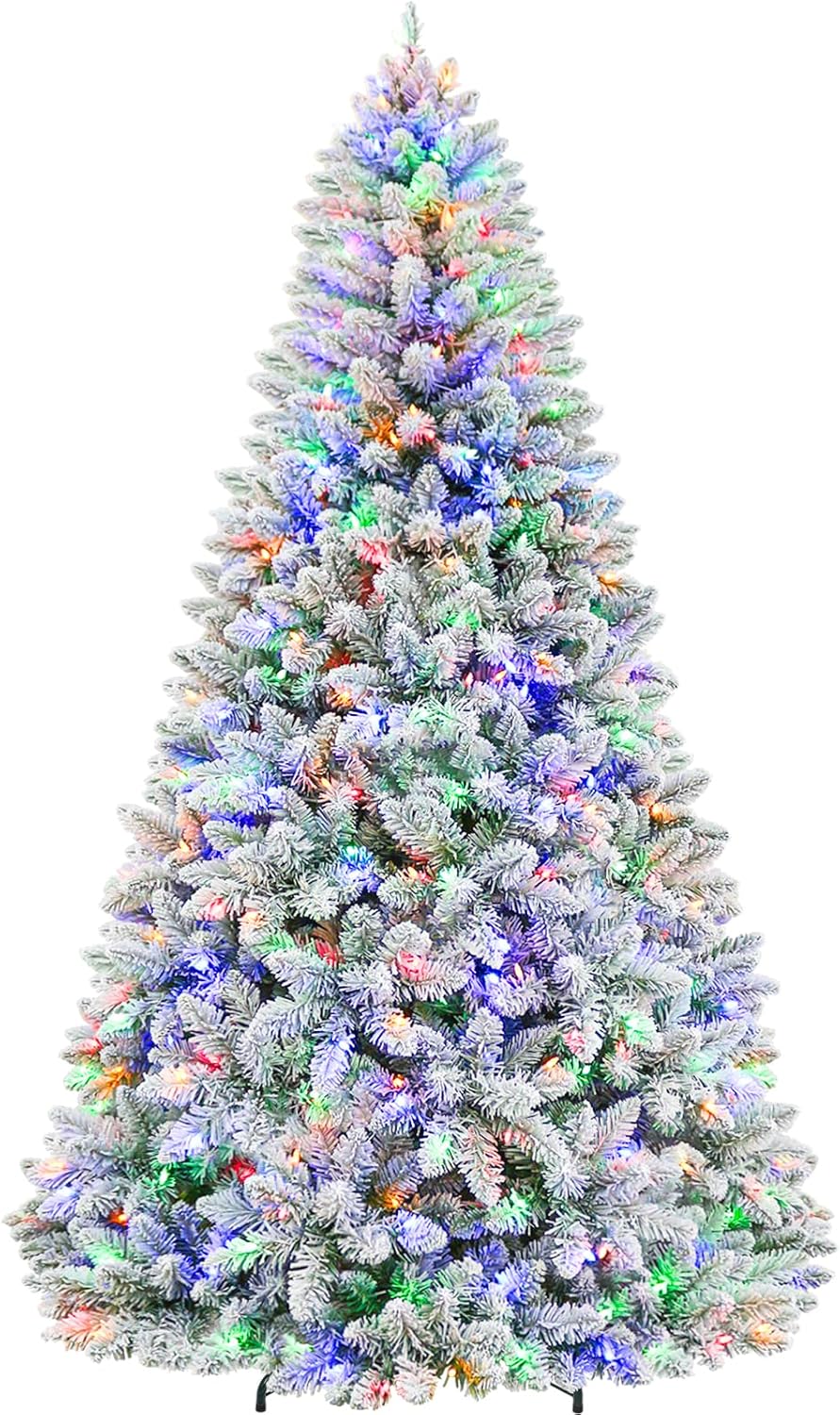 7.5ft Lighted Snow Flocked Christmas Tree, 450 Multicolor LED Lights, Artificial Christmas Tree with 1446 Branch Tips, Metal Stand & Hinged Branches for Decoration, 10 Modes