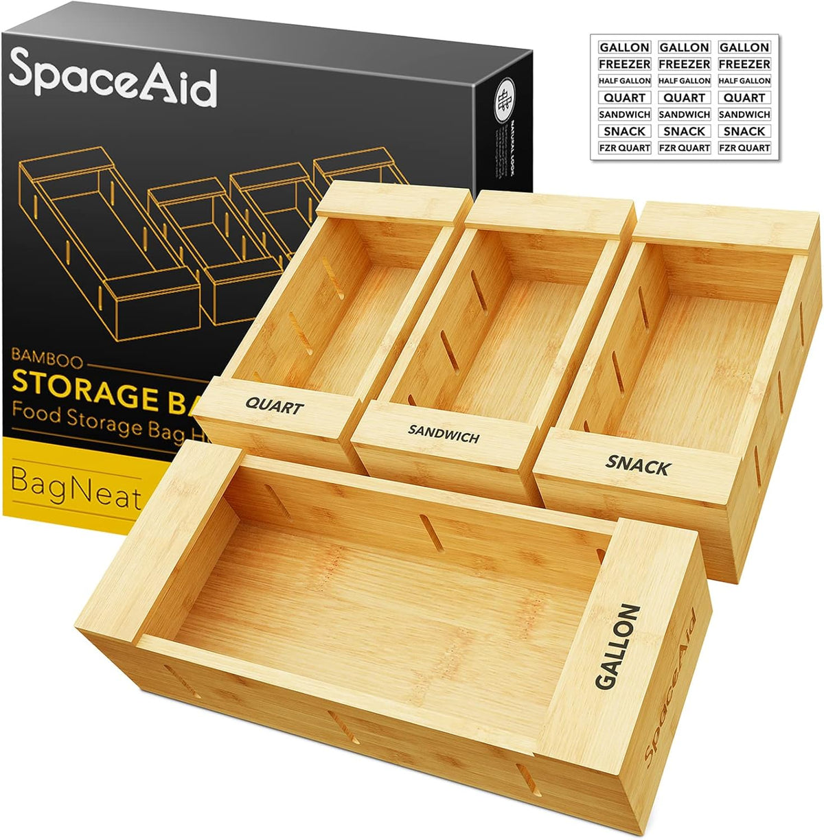 SpaceAid Bag Storage Organizer for Kitchen Drawer, Bamboo Organizer, Compatible with Gallon, Quart, Sandwich and Snack Variety Size Bag (4 Pack)