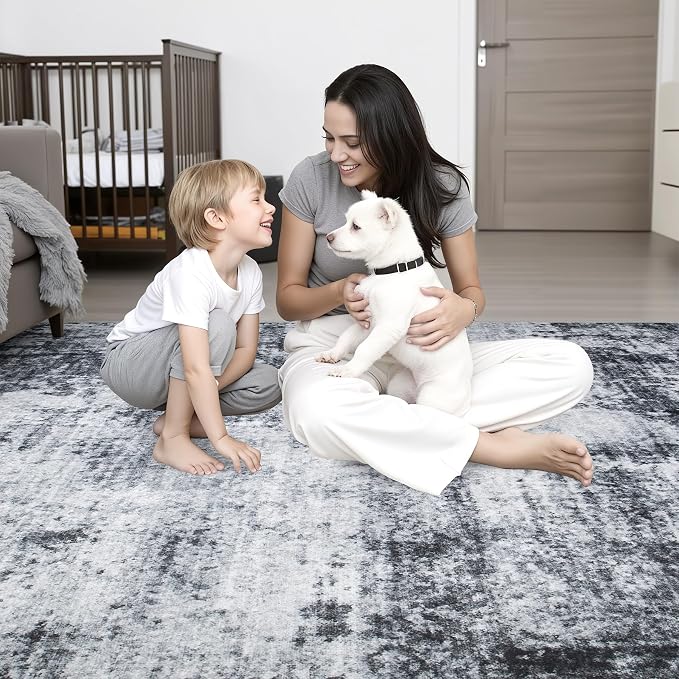 2.6x8 Washable Runner Rug：Modern Abstract Soft Carpet Dark Black | - Image 7