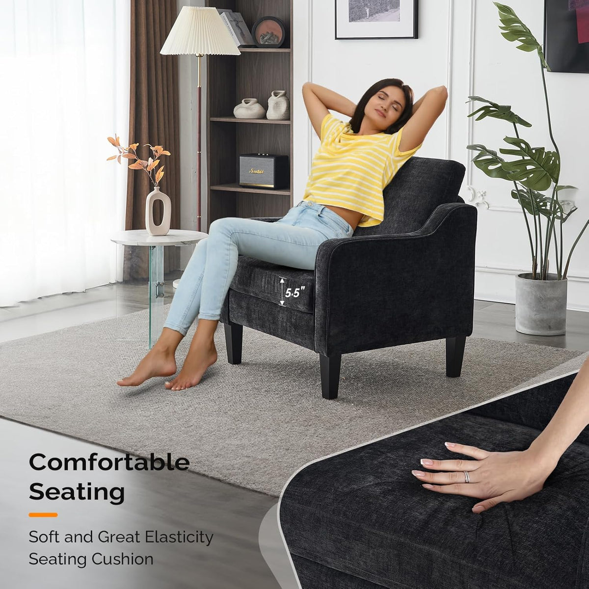 VINGLI Living Room Chairs Set of 2, Black Accent Chair 5.5" Thick Seat Cushion Comfy Chair Soft Chenille Side Chair Upholstered Arm Chair for Bedroom, Play Room, Apartment, Office (Black)
