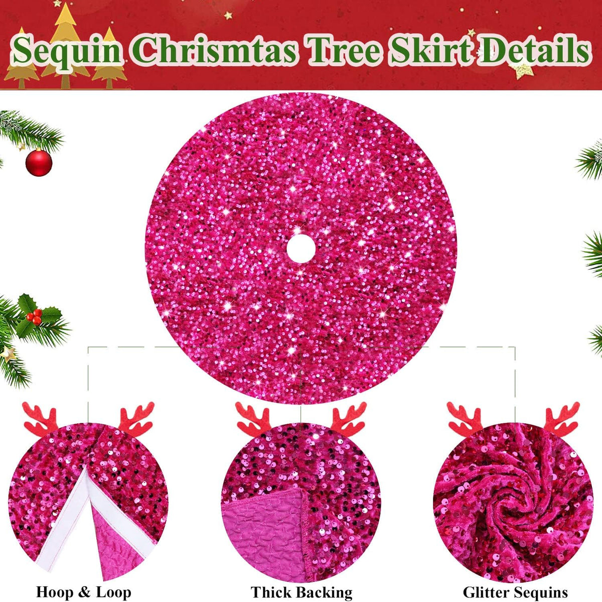 MODFUNS Glitter Christmas Tree Skirt Hot Pink Sparkly Tree Skirt 60 Inch Christmas Tree Mat Large Sequins Xmas Tree Skirt Rustic Shiny Tree Carpet Velvet Tree Cover Skirt for Xmas Celebration Decor