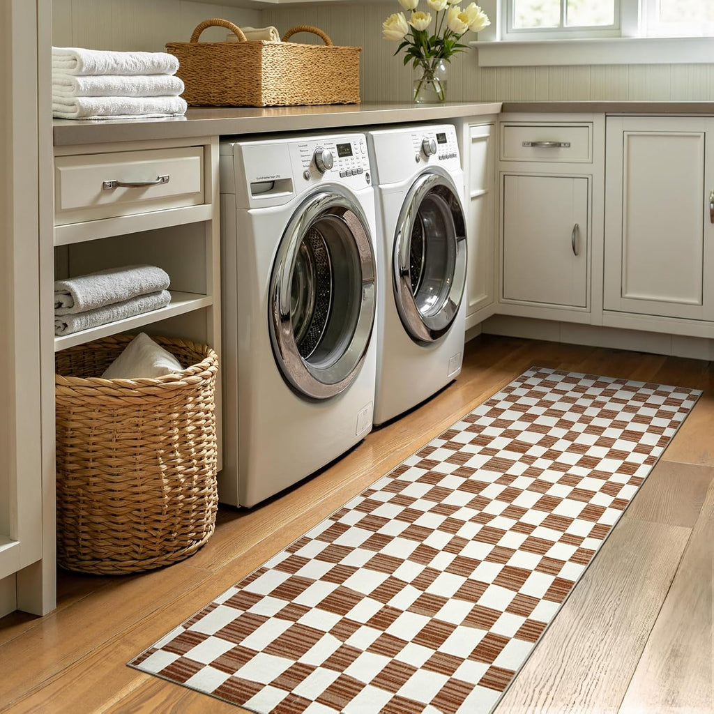 jinchan Runner Rug 2x6 Hallway Washable Modern Checkered Geometric Lattice Kids Bedroom Rug Indoor Floor Cover Non Slip Soft Carpet for Nursery Room Kitchen Laundry Room Home Brown