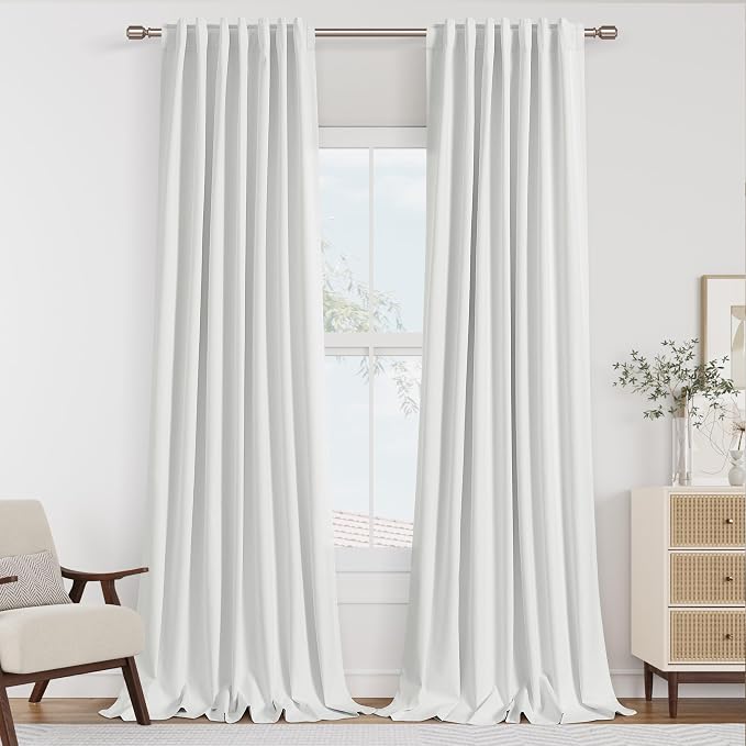 White 100% Blackout Linen Curtains 120 Inch Length 2 Panels Set by Guken