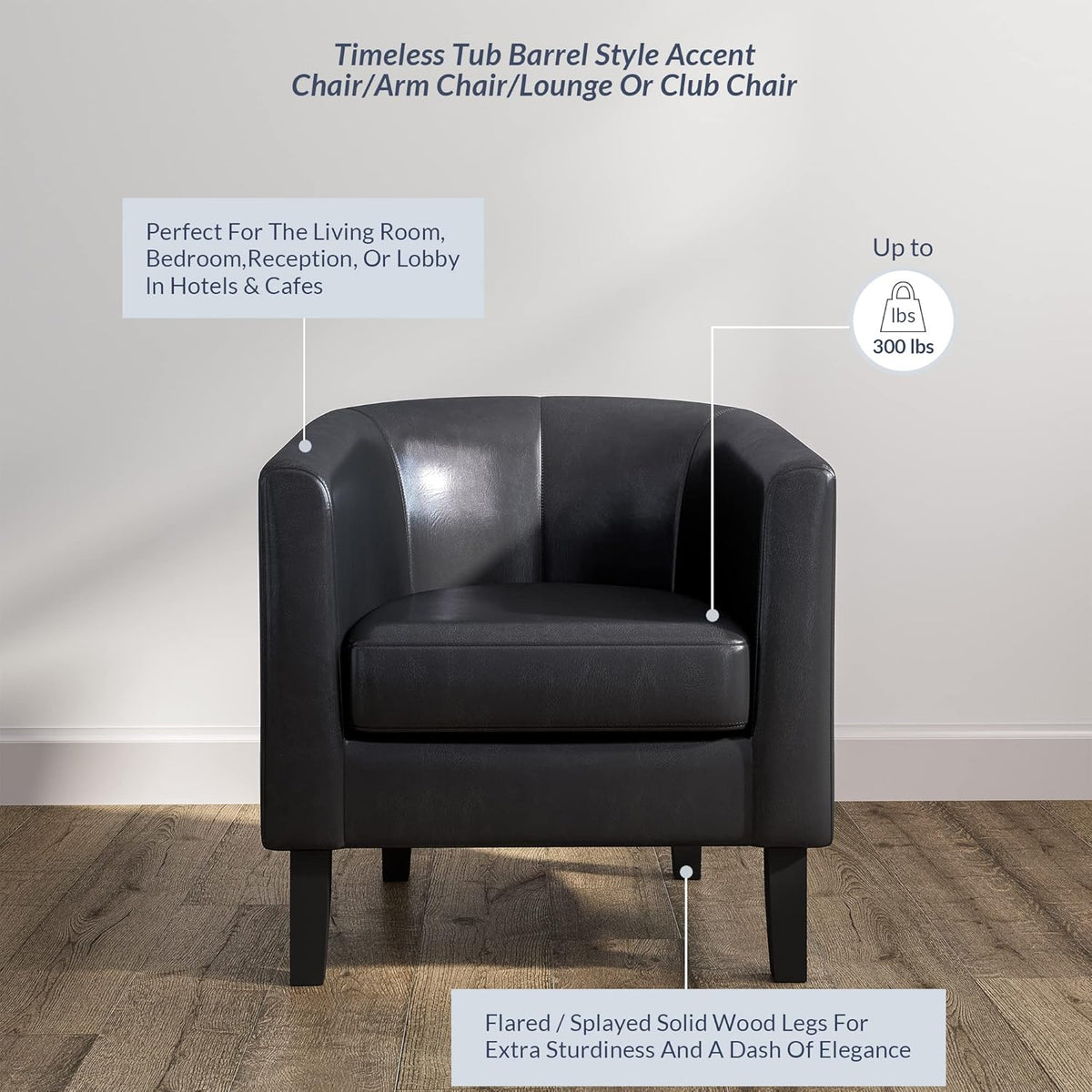 BELLEZE Accent Barrel Chair, Set of 2 Faux Leather Round Club Tub Sofa Corner Chair with Flared Legs and Cozy Soft Padding for Living Room Bedroom Waiting Room - Black
