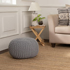 REDEARTH Round Boho Pouf Ottoman - Cable Knitted Cord Boho Pouffe - Stuffed Poof Accent Beanbag Footrest for Living Room - Nursery - Bedroom - Covered Patio - Study Nook (18”x18”x14”) - Gray-S
