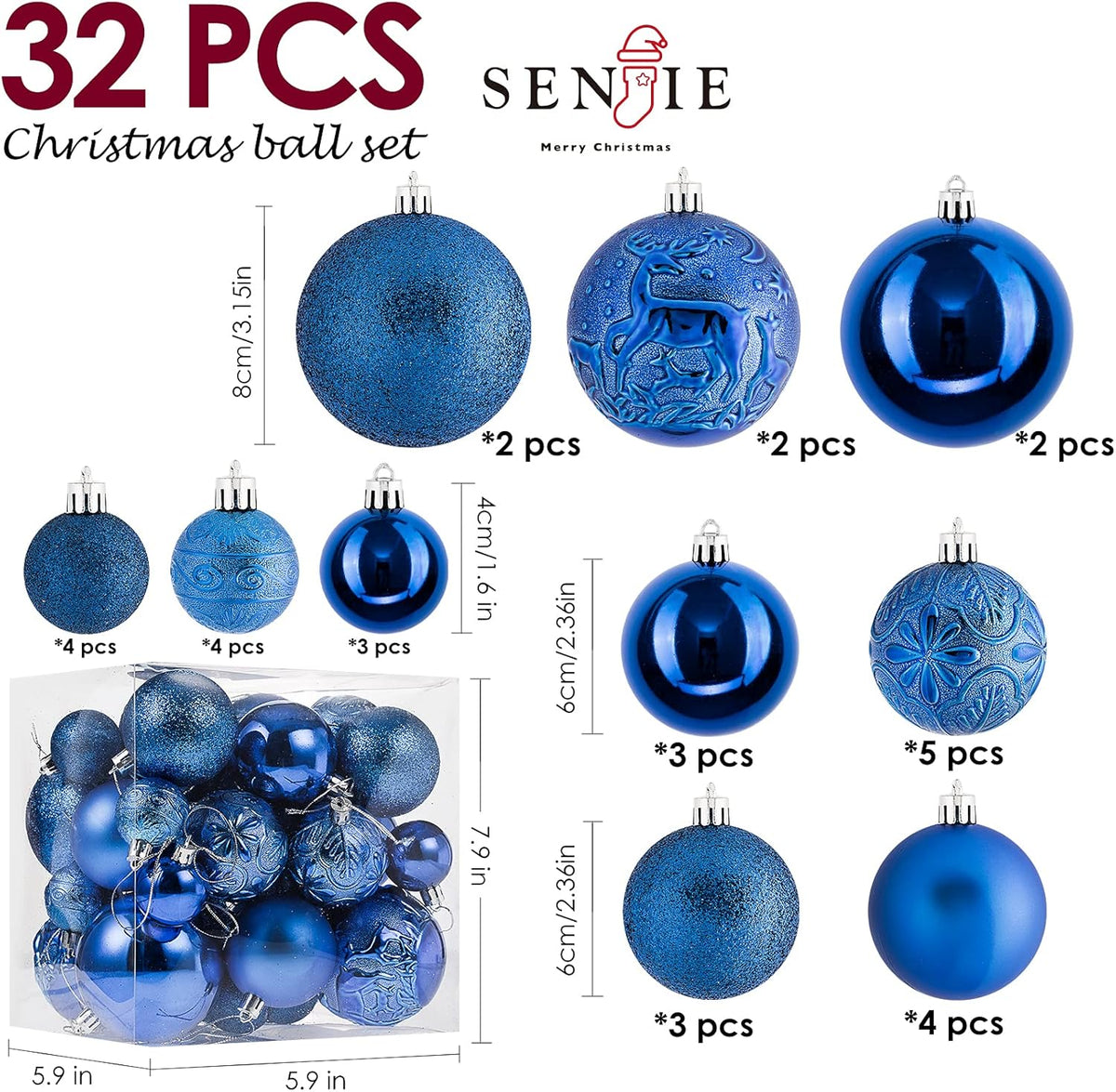 Senjie Blue Shatterproof Christmas Ornaments, 32 Pcs, Plastic, Hanging, Christmas, Wedding