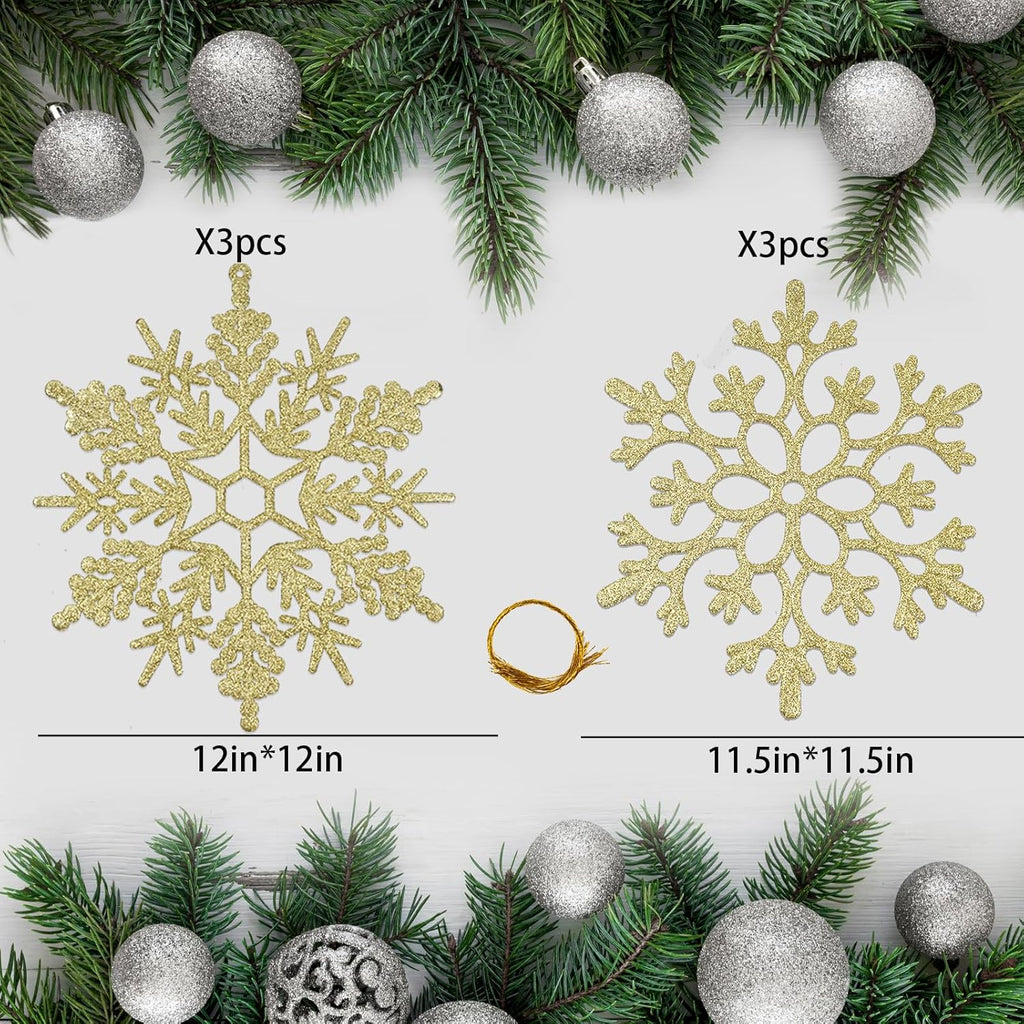 6pcs Large Gold Snowflakes Ornaments 12" Big Plastic Glitter Snowflake for Winter Indoor Outdoor Christmas Tree Window Room Decorations Giant Craft Snowflakes