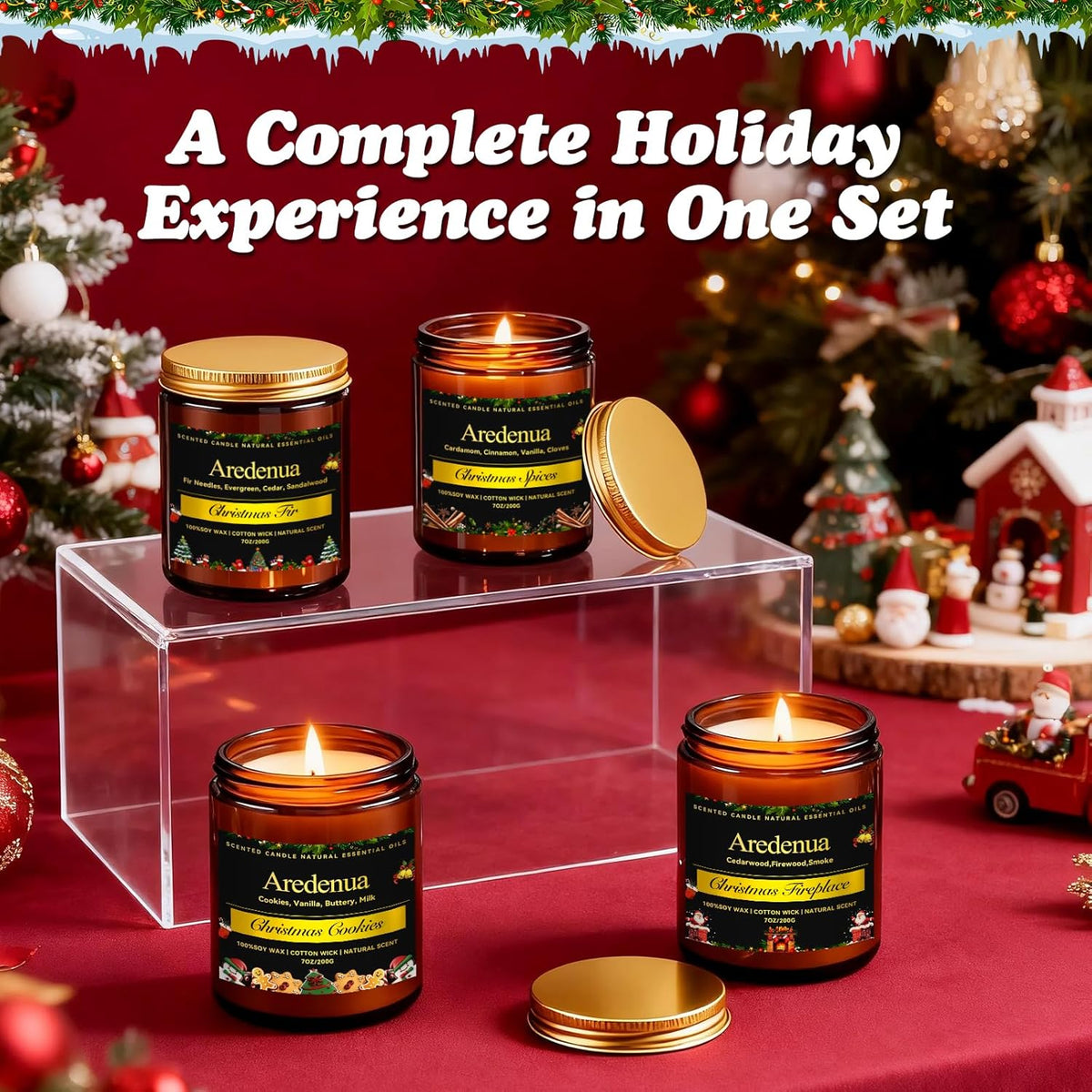 Christmas Candles Set | 4 Pack Winter Holiday Scented Candles, Soy Candles for Home Scented - Xmas Candle Gifts for Women and Men - Scents of Christmas Fir/Spices/Cookies/Fireplace
