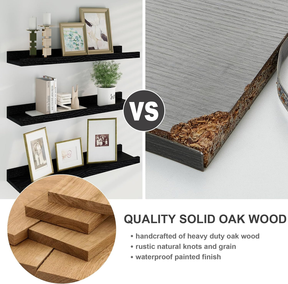 Floating Picture Ledge Shelves 55 Inch Solid Oak Wood Set of 2, Rustic Wall Storage Shelves with Lip, Kids Bookshelf, Photo & Picture Ledge Shelves for Bedroom, Living Room, Kitchen