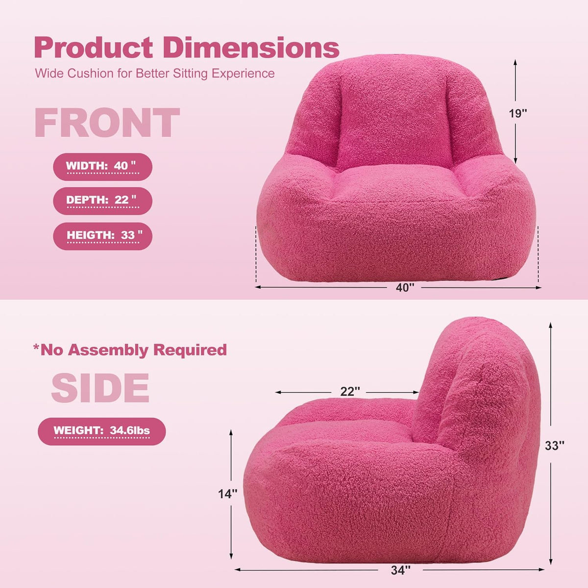 Homguava Bean Bag Chairs for Adults,Giant Beanbag Couch Adult Bean Bag Chair with Filler Included,Modern Lazy Sofa Comfy Chair for Living Room(Pink)