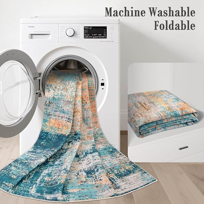 2.6x10 Washable Runner Rug:Modern Abstract Soft Carpet Rosy Haze | - Image 6